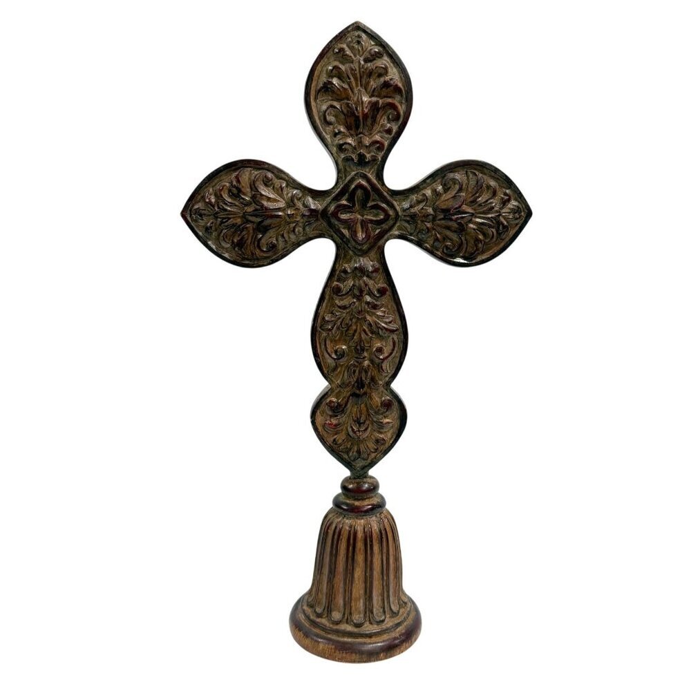 VTG Carved Tooled Wooden Cross Table Top Mantel Religious Farmhouse Decor 8"x 4"